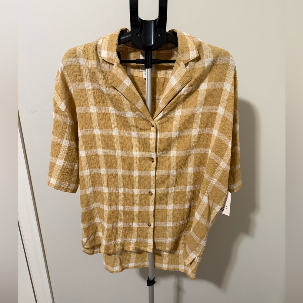Billabong Women’s Yellow Plaid Crinkle Oversized Beach Side Button Sz M NWT